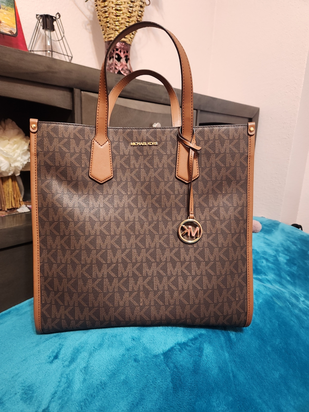 Michael Kors Brown Logo Tote Bag with Tan Trim